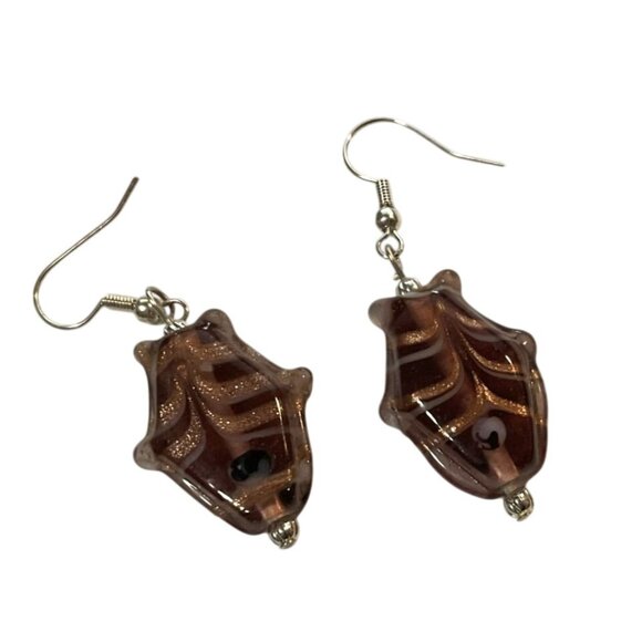 Art Glass Fish Earrings With Swirled Design & Fishhook Backs Brown & Copper Wome - Picture 1 of 3